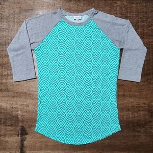 LuLaRoe Randy Heart Design Baseball Tee Aquamarine/Mint Green XS shirt